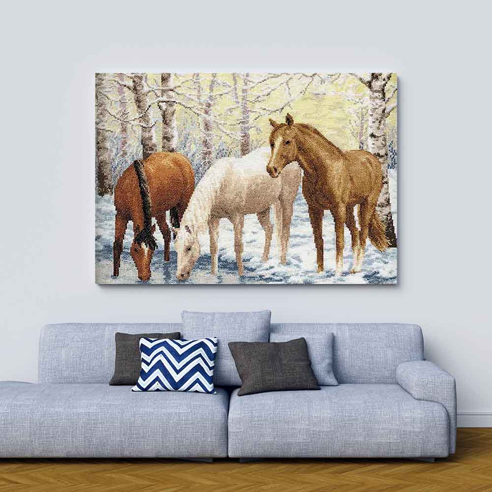 Kreuzstich - Pferde in der Nähe des Flusses | 35x45 cm - Diy - Fadenkunst