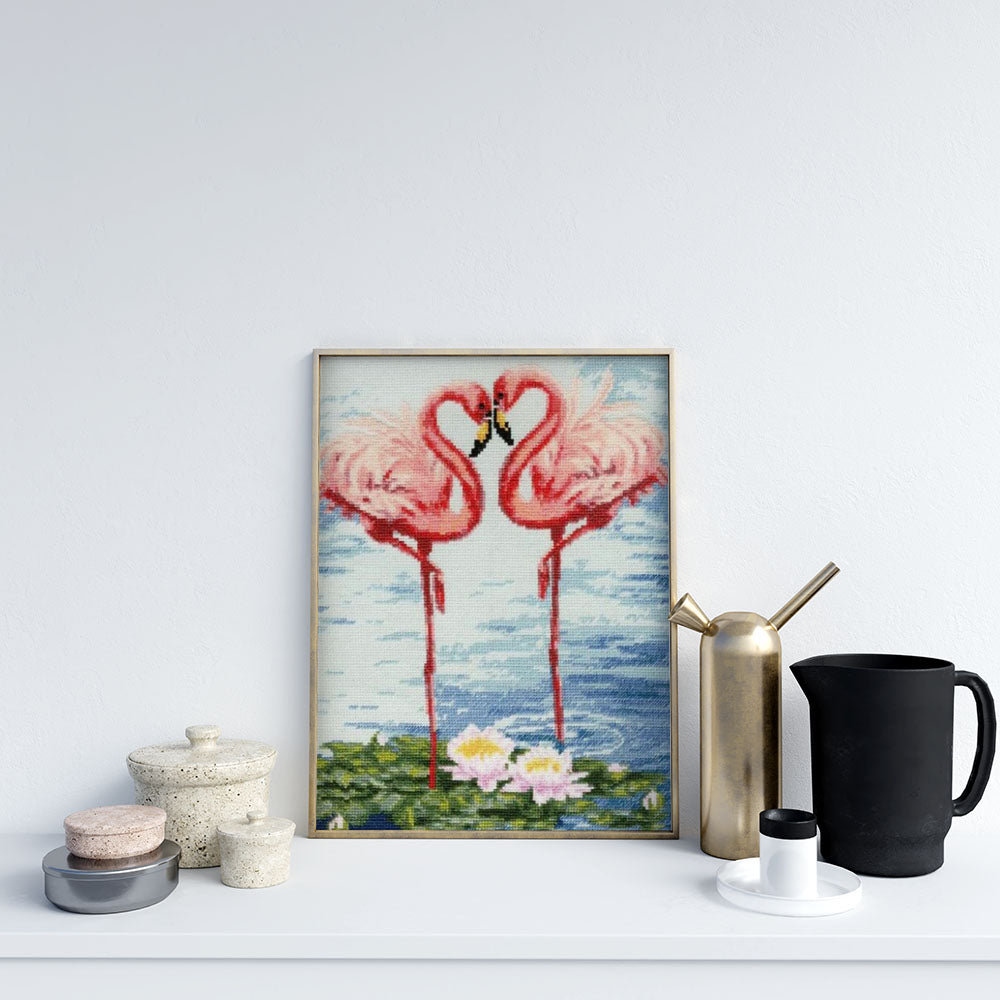 Kreuzstich - Flamingo Datum | 35x25 cm - Diy - Fadenkunst