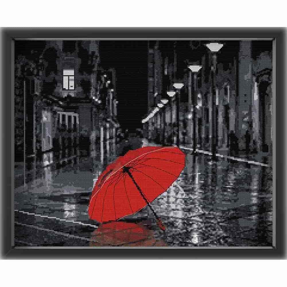 Kreuzstich - Roter Regenschirm | 50x40 cm - Diy - Fadenkunst