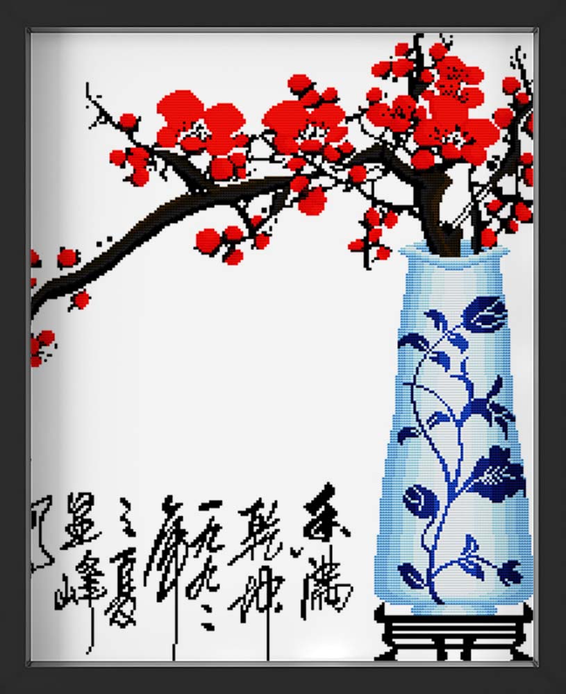 Kreuzstich - Chinesische Schriftzeichen mit Blumenvase | 50x50 cm - Diy - Fadenkunst
