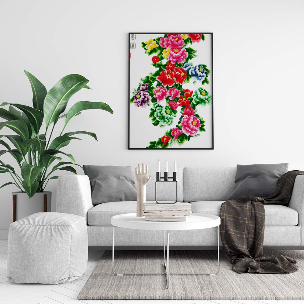 Kreuzstich - bunte Blumen mit grün | 30x50 cm - Diy - Fadenkunst