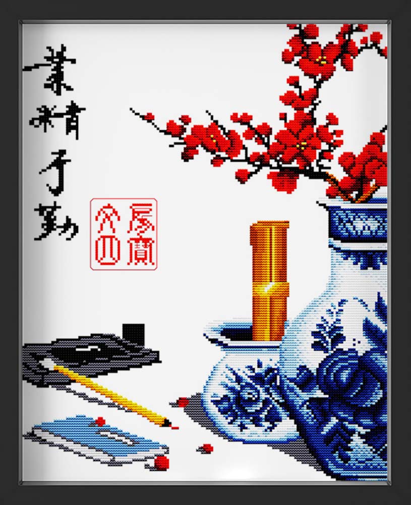 Kreuzstich - Chinesische Schriftzeichen mit Vase | 40x40 cm - Diy - Fadenkunst