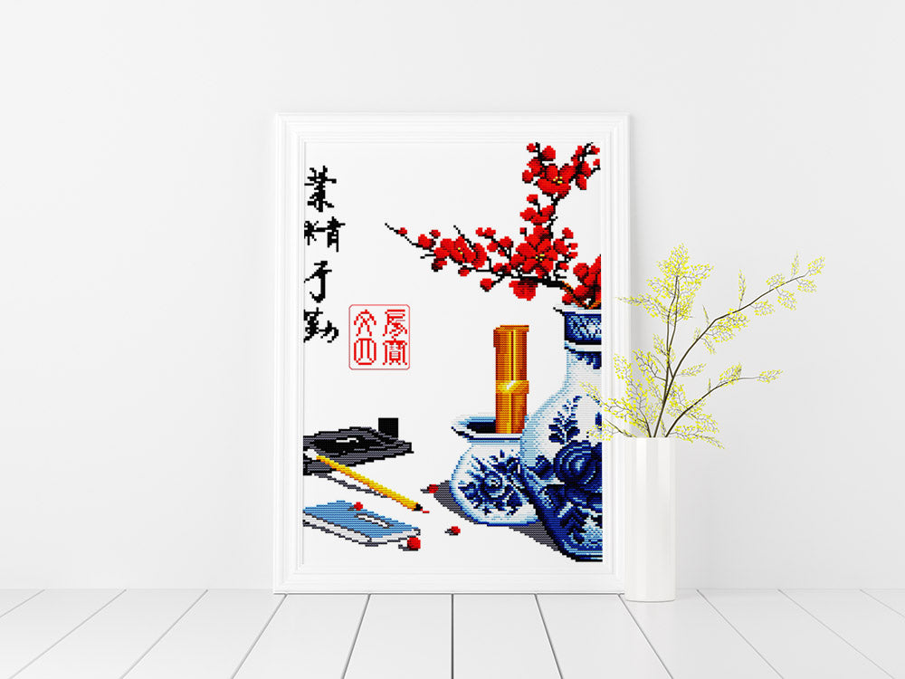 Kreuzstich - Chinesische Schriftzeichen mit Vase | 40x40 cm - Diy - Fadenkunst