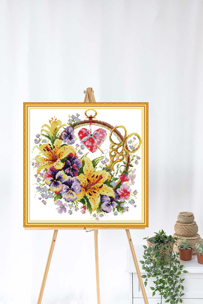 Kreuzstich | Blumengirlande mit Herz - 14 x 14 cm