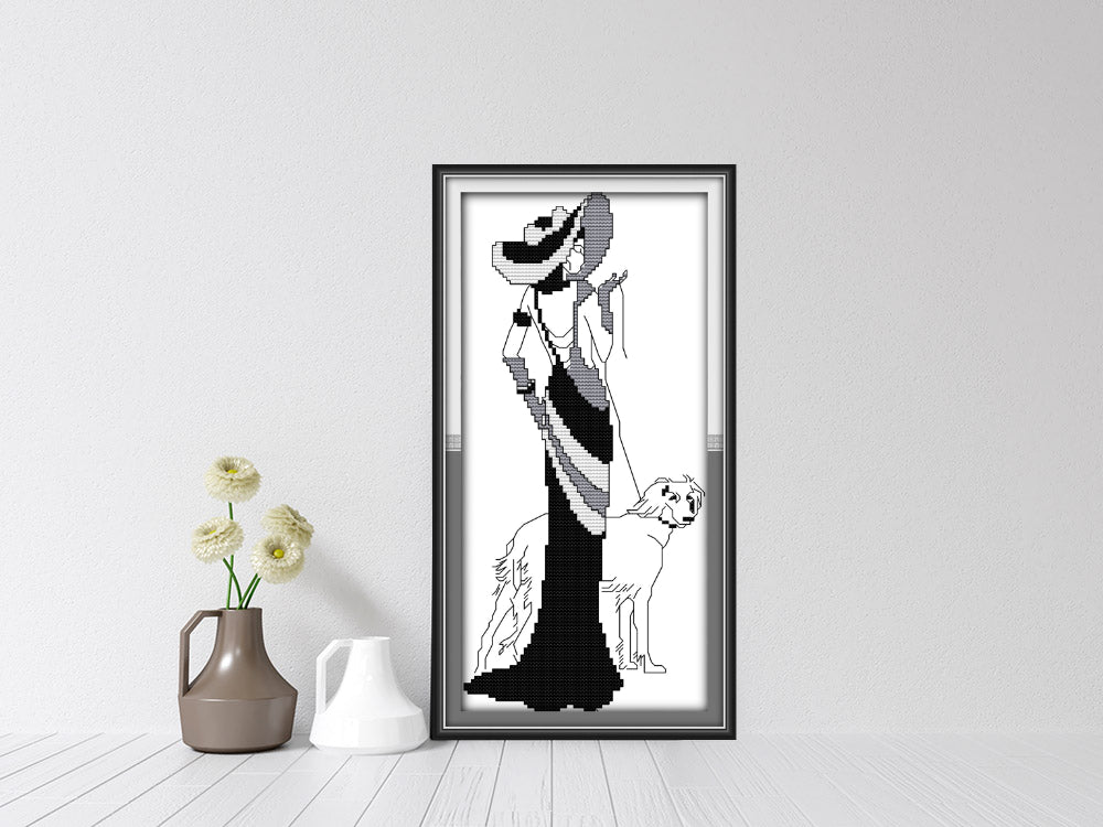 Kreuzstich | Frau mit Hund - schwarz/weiß  7x15cm