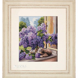 Kreuzstich - Kätzchen mit lila Strauß | 32x37 cm