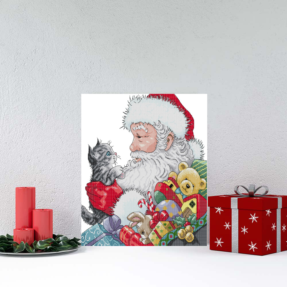 Kreuzstich | Weihnachtsmann mit kätzchen  - 18 x  18cm